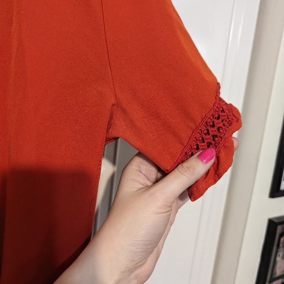 Vivid orange embroidered shirt white & blue flowers boho bright short sleeve top - Picture 7 of 8